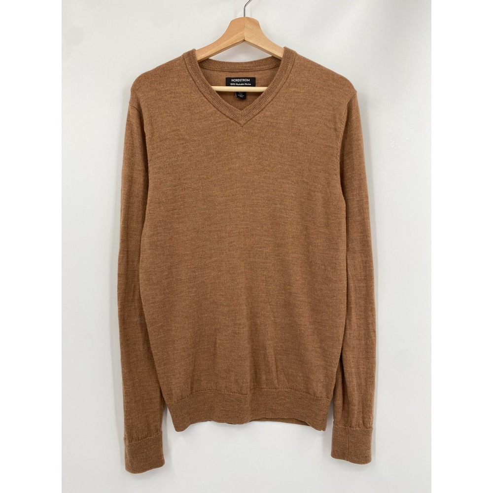 Nordstrom V-Neck Sweater Mens Small Brown Washable Merino Wool
